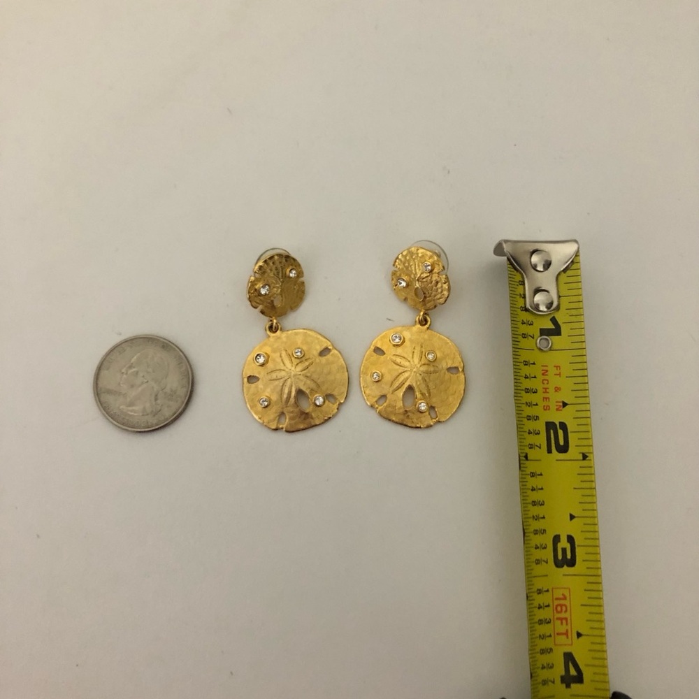 Vintage Erwin Pearl Brushed Gold Sand Dollar Drop Dangle Earrings Crystal Accent - Picture 6 of 6